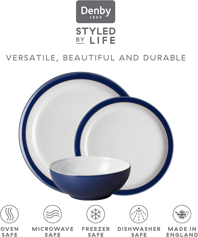 Denby - Elements Dark Blue Dinner Set For 4-12 Piece Simple Ceramic Stoneware Tableware Set - Dishwasher Microwave Oven Safe - Scratch Chip Resistant