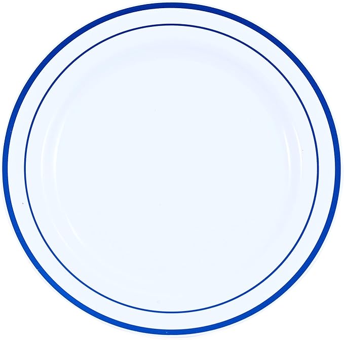 120-Piece Dinner Plastic Plates Set Premium 120 Dinner Plates, Disposable Plates for Party - White Plastic Wedding Plates with Blue Rim