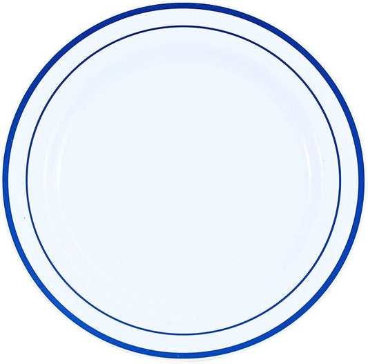 120-Piece Dinner Plastic Plates Set Premium 120 Dinner Plates, Disposable Plates for Party - White Plastic Wedding Plates with Blue Rim