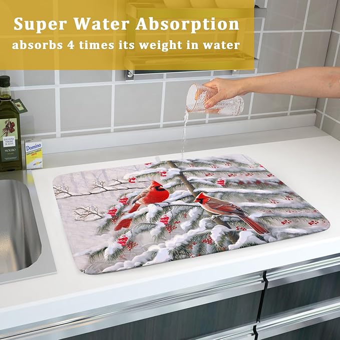 Red Birds Dish Drying Mat Winter Berry Dish Drainer Mats Absorbent Reversible Microfiber Kitchen Countertop Protector Dishes Pad 18x24 inch