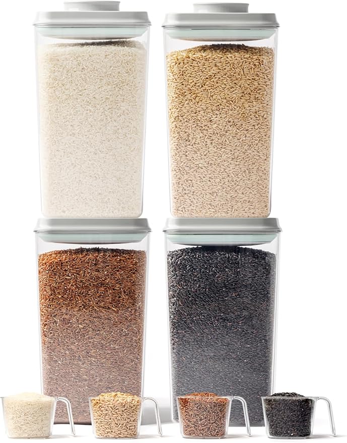 4 Pack Airtight Food Storage Containers with One-Hand Pop Lid, 4.23Qt Rice & Grain Organizer Set with Measuring Scoop, Stackable BPA-Free Kitchen Pantry Bins for Flour, Rice, Cereal, Pet Food