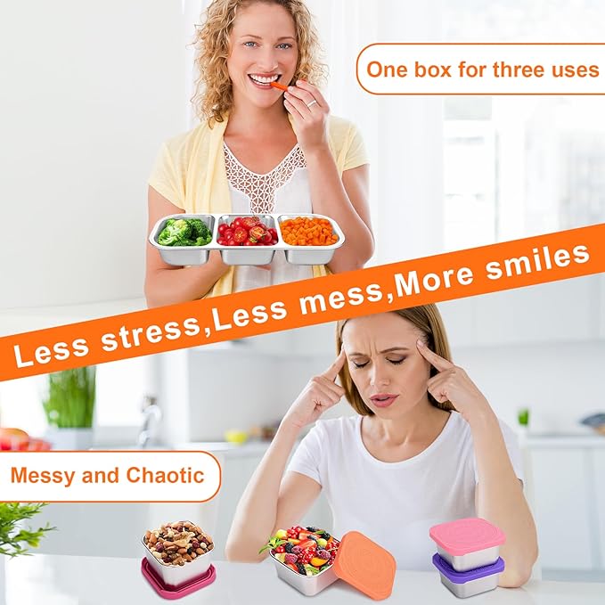 4 Pack Stainless Steel Snack Containers, 2/3 Compartment Metal Lunch Box, Leak Proof Snack Containers with Lids, with Fork and Spoon for School, Work, Travel (4pcs 3 Grids Lunch Box)