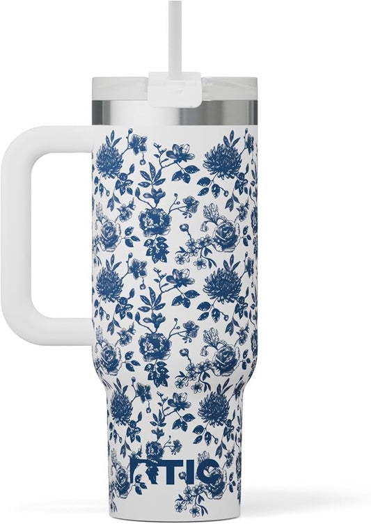 RTIC 30 oz Road Trip Tumbler Double-Walled Ceramic Lined InsulatedStainless Steel Portable Travel Coffee Mug Cup with Lid, Handle and Straw, Blue Bouquet