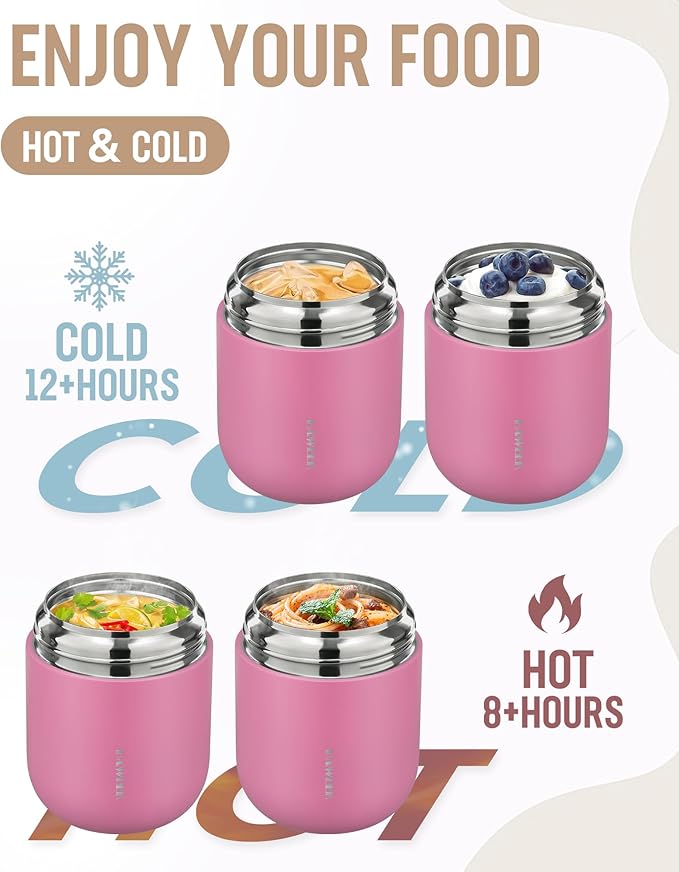 17oz Soup Thermo for Hot Food Adults Insulated Food Jar Thermo Hot Food Lunch Container Wide Mouth Stainless Steel Lunch Box for Kids with Folding Spoon Cleaning Brush Pink