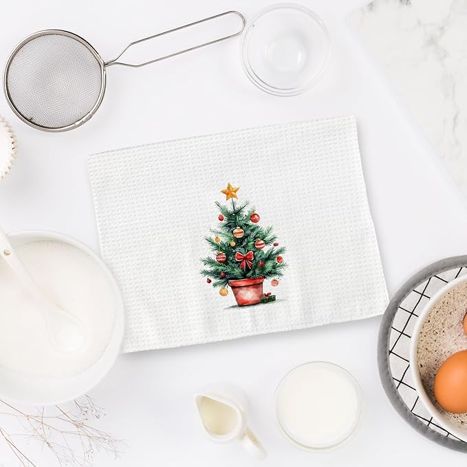 Christmas Tree Kitchen Towels, Christmas Winter Dish Towels, Xmas Tree Winter Holiday Decorative Hand Towels for Bathroom, Rustic Xmas Farmhouse Kitchen Bathroom Decor(16x24 Inch)