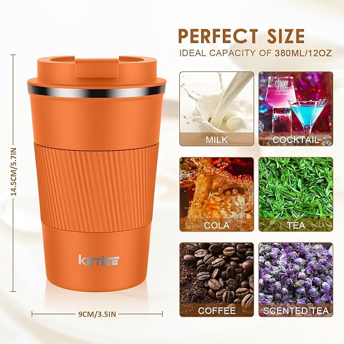 KETIEE 12oz Insulated Travel Mug, Vacuum Stainless Steel Double Walled Reusable Coffee Cup with Leakproof Lid, Hot and Iced Coffee Tea Water