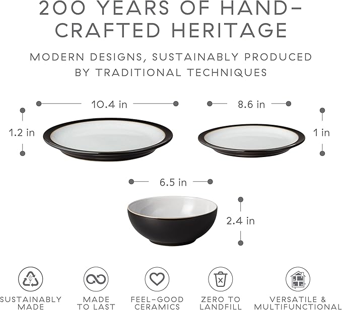 Denby - Elements Black Dinner Set For 4-12 Piece Simple Ceramic Stoneware Tableware Set - Dishwasher Microwave Oven Safe - Scratch Chip Resistant