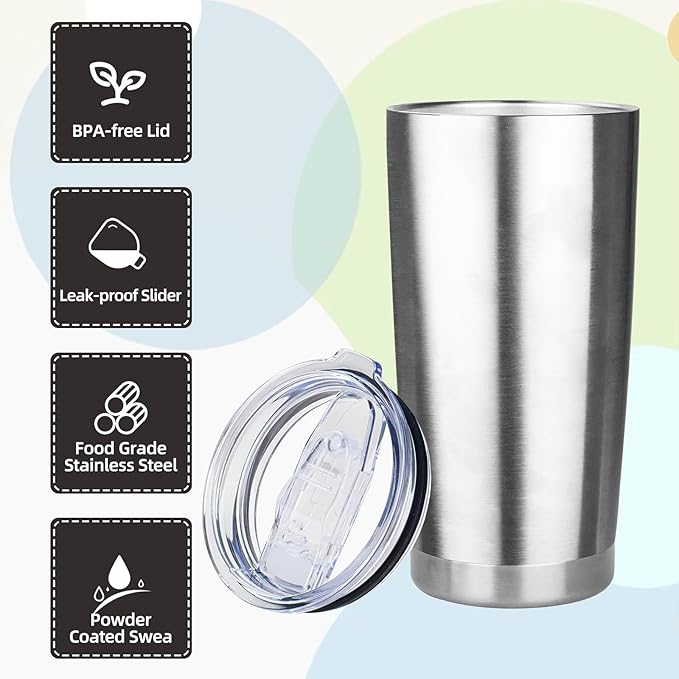 20oz Tumbler with Lid Stainless Steel Insulated Tumblers Travel Coffee Tumbler Bulk Double Wall Vacuum Insulated Water Cup Christmas Gifts for Women Men Her Him Home Office (Silver, 6pack)