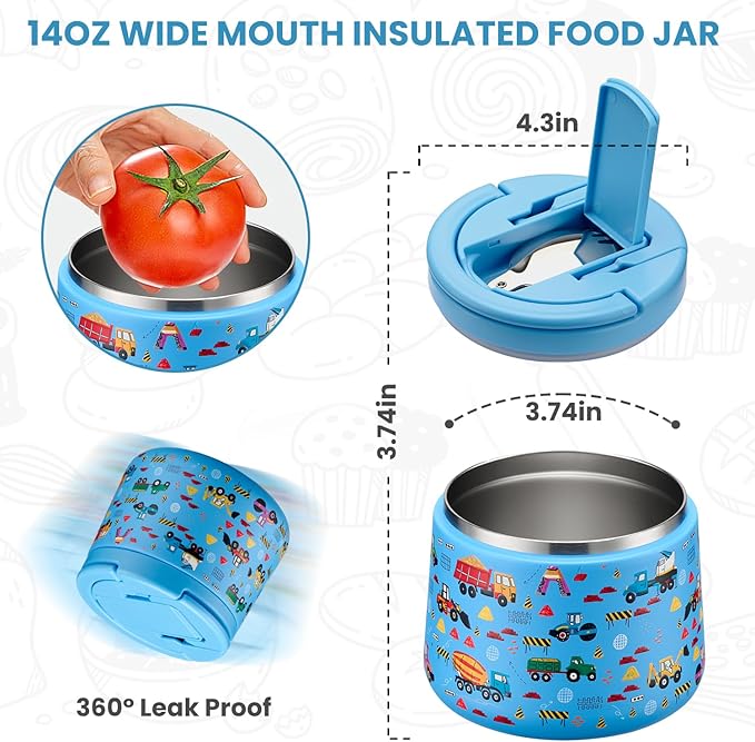 Soup Thermo for Hot Food Kids 14oz Lunch Containers with Buckle Lid Wide Mouth Hot Food Jar Vacuum Insulated Stainless Steel Bento Box Leakproof with Spoon (Truck)