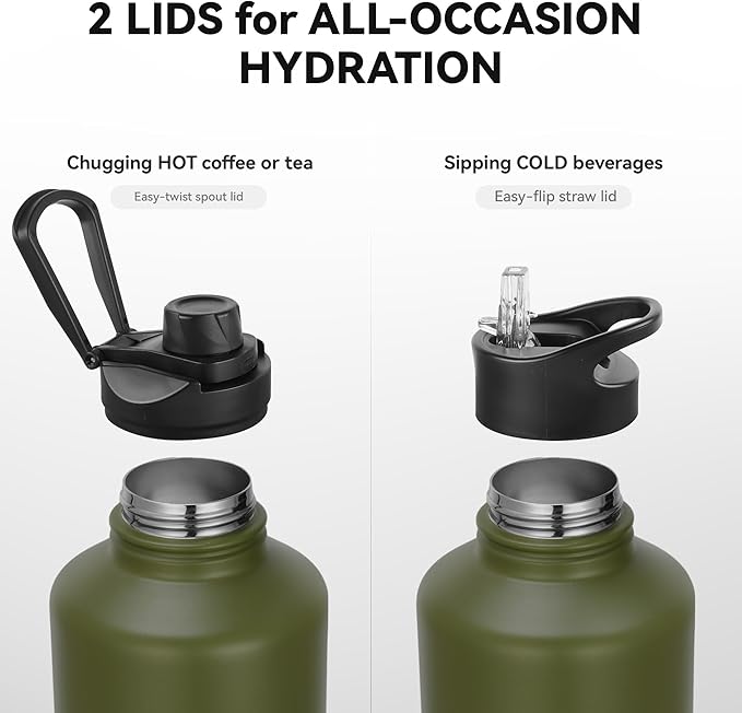 64 oz Insulated Water Bottle with Straw & Spout Lids, Stainless Steel Metal Half Gallon Water Jug with Paracord Handle, Double Wall Vacuum, Leakproof, Keep Drinks Cold & Hot, Army Green
