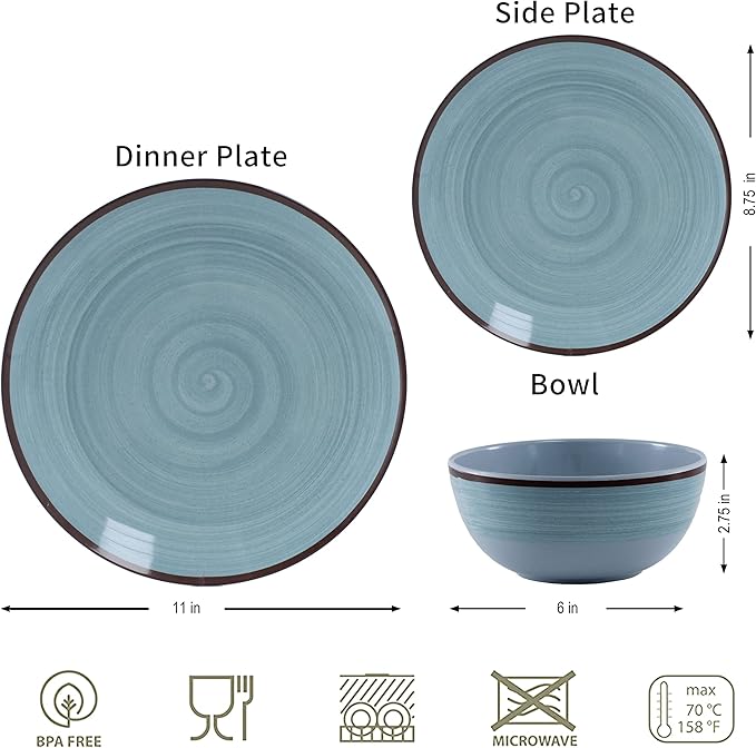 Melamine Dinnerware Set for 4, 12Pcs Dinnerware Sets, Mint Blue Plates And Bowls Sets Morden Dish Set Dishwasher Safe BPA Free(Green)