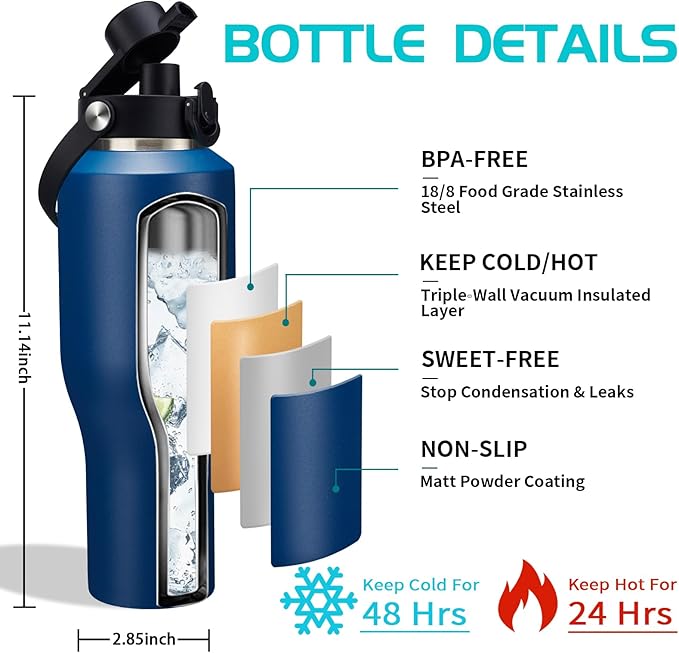 40oz Insulated Water Bottle that fits in Cup Holder - Water Cup with Spout Lid, Straw, Sleeve with Side Handle, Vacuum Stainless Steel Travel Tumbler Keep Cold 48h/Hot 24h
