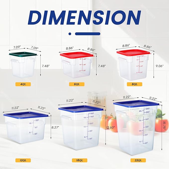 4 Pack Food Storage Containers, 18 Quart with Lids, Square Commercial Containers with Scale, Clear NSF Food Organizing, Polycarbonate