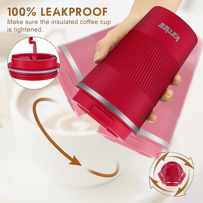 KETIEE Travel Coffee Mug Spill Proof 12oz, Insulated Travel Mug to Go, Reusable Coffee Cup with Seal Lid, Vacuum Stainless Steel Tumbler for Hot/Cold Drinks (Red)
