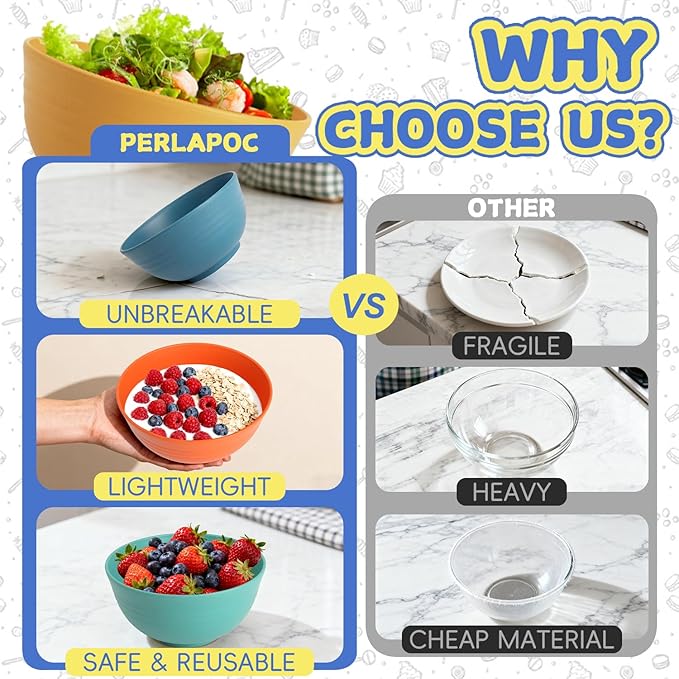 Wheat Straw Bowls, 26 OZ Cereal Bowls Set of 6, Unbreakable Salad and Soup Bowls for Kitchen, Microwave & Dishwasher Safe Bowl Set, Plastic Camping Bowl - Multi