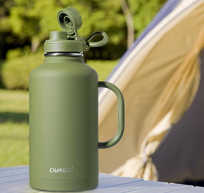 CIVAGO 64 oz Insulated Water Bottle Jug with Straw and Handle, Half Gallon Stainless Steel Water Flask, Large Sports Metal Water Bottle with Straw Lid (3 Lids), Big Thermal Mug Cup, Navy Blue