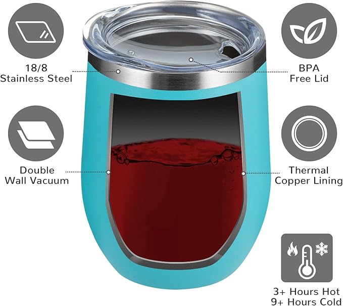 MEWAY 12oz Wine Tumbler 16 Pack Bulk Gifts for Women,Double Wall Vacuum Stainless Steel Travel Mug with Lid,Insulated Stemless Wine Cup Glass for Coffee,Cocktails(Turquoise,Set of 16)