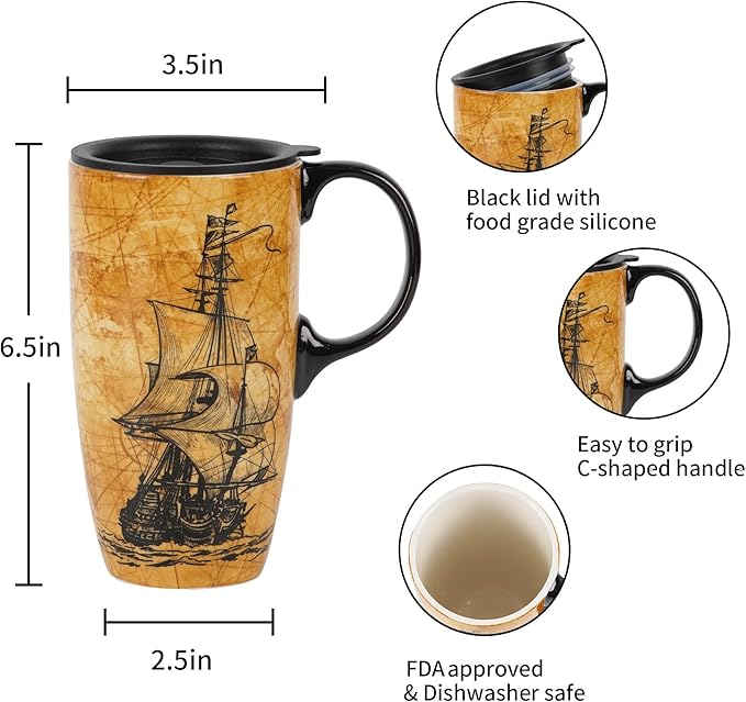Topadorn Ceramic Mugs Porcelain Latte Tea Cup Coffee Mug with Lid and Gift Box,17oz.Sailing Ship