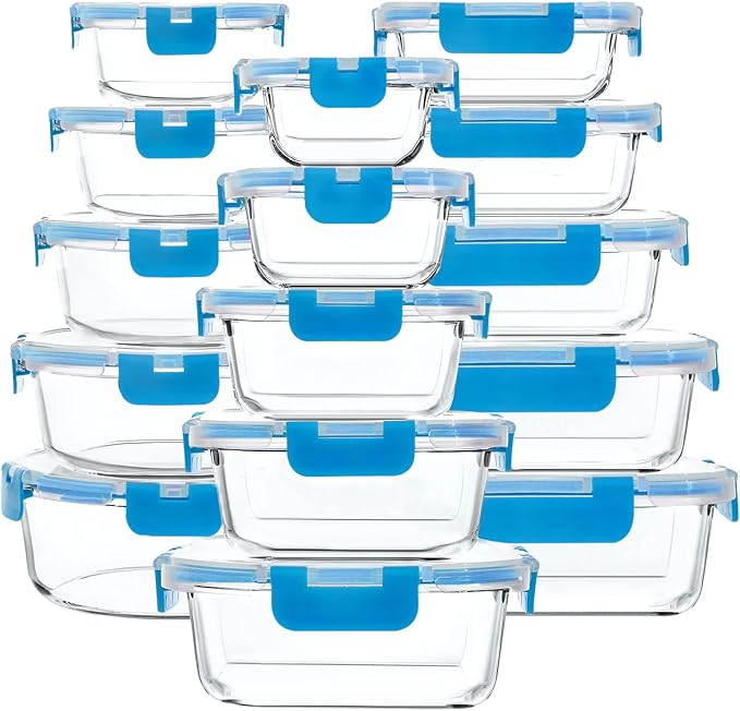 30 Pieces Glass Food Storage Containers with Upgraded Snap Locking Lids,Glass Meal Prep Containers Set - Airtight Lunch Containers, Microwave, Oven, Freezer and Dishwasher Friendly, Blue