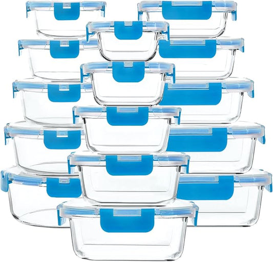 30 Pieces Glass Food Storage Containers with Upgraded Snap Locking Lids,Glass Meal Prep Containers Set - Airtight Lunch Containers, Microwave, Oven, Freezer and Dishwasher Friendly, Blue