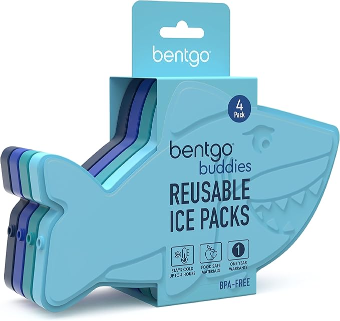 Bentgo Buddies Reusable Ice Packs - Slim Ice Packs for Lunch Boxes, Lunch Bags, and Coolers - Multicolored 4 Pack (Shark)