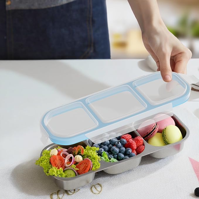 Stainless Steel Snack Containers for Kids Adults, 4 Pack 3 Compartment Metal Snack Containers Box with Lid, Reusable Food Storage Container, Leak Proof, Grab and Go, Blue