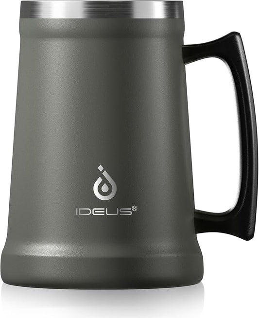 Ideus Insulated Beer Stein, 24/32oz Stainless Steel Double Walled Beer Mug Giant Bar Drinkware Metal Beer Cup with Big Grip Handle (24oz (710ml), Grey)