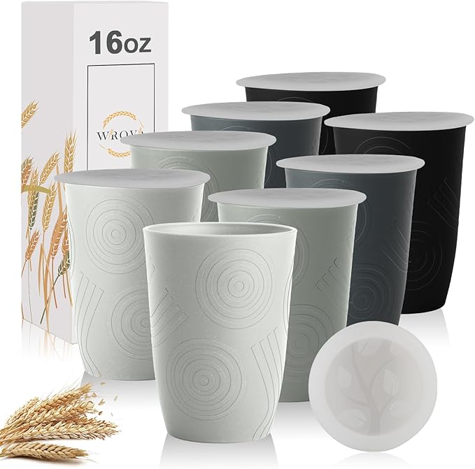 Wrova Wheat Straw Cups 16oz Set of 8 with Silicone Covers - Alternative Plastic Cups Reusable Dishwasher Safe - Unbreakable Plastic Drinking Cups for Kids - Black to Gray