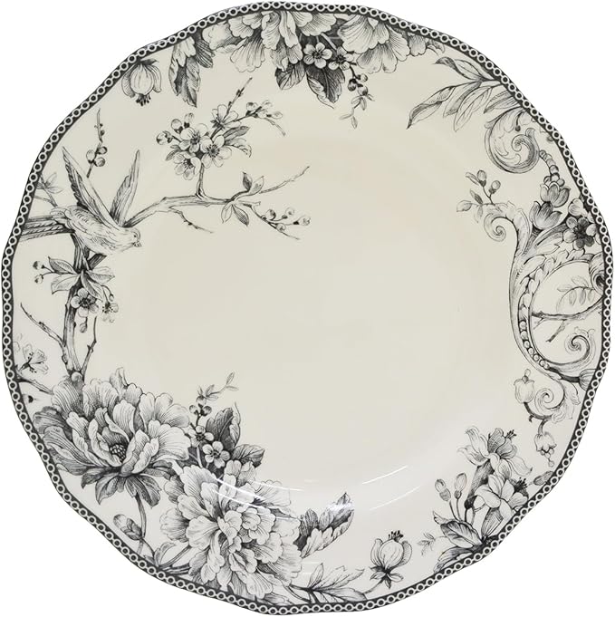 222 Fifth Adelaide 16-Piece Casual Grey Porcelain Dinnerware Set – Service for 4, Classic Toile Bird & Floral Design, Microwave & Dishwasher Safe, for Everyday Dining & Entertainment