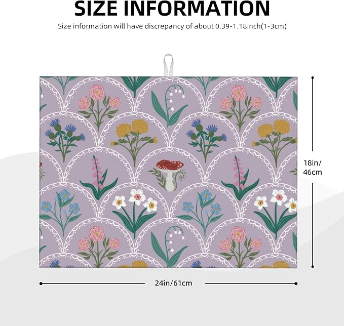 Vintage Flowers Dish Drying Mat 18x24 Inch, Microfiber Absorbent Fast Dry Mat Mushroom Floral Large Dish Mat Drying Kitchen Mat, Kitchen Drying Pad for Kitchen Counter Coffee Bar Decor Gifts