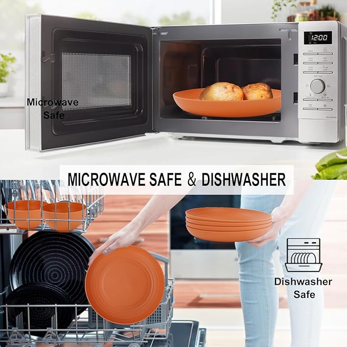 28-Piece Wheat Straw Dinnerware Sets, Microwave & Dishwasher Safe Unbreakable Dinnerware Set, Reusable Dishware Sets, Lightweight Camping Dishes, Plates, Cups, Cereal Bowls for 4(Orange)