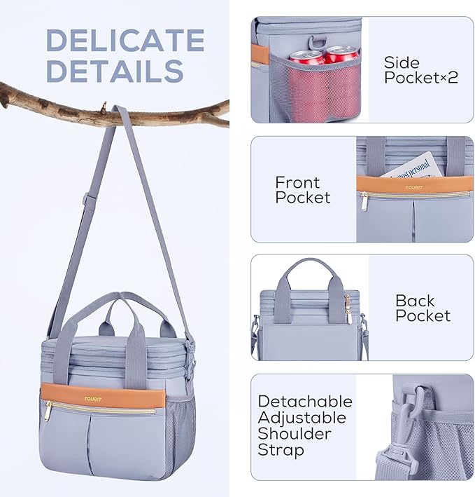 TOURIT Insulated Lunch Box Bag, Double Deck Leakproof Cooler Tote for Work Office Picnic, Expandable Lunch Container, Grey