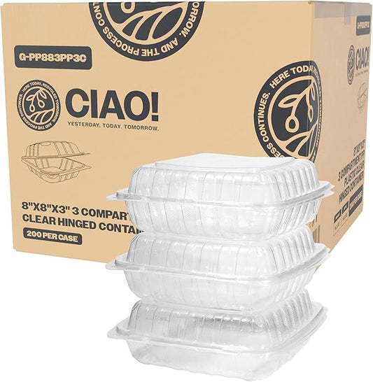 CIAO! 8"x8"x3" 3 Compartment PP Plastic Clear Hinged Container for Take Out (Case of 200)