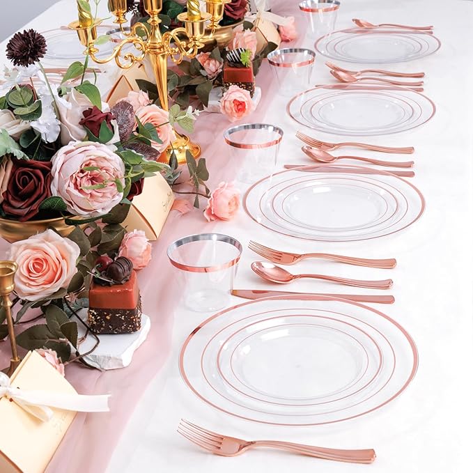 bUCLA 600PCS Clear Rose Gold Plastic Dinnerware Set Disposable - Include 100 Dinner Plates, 100 Dessert Plates, 100 Knives, 100 Forks, 100 Spoons, 100 Cups for Party, Wedding & Mother’s Day