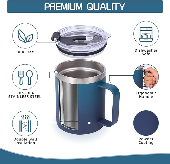 Volhoply 12oz Insulated Leakproof Coffee Mug with Flip & Straw Lid Bulk 2 Pack,Double Wall Vacuum Stainless Steel Travel Tumbler Cup with Handle,Camping Mugs Keep Cold/Hot(Dark Night,2 Set)