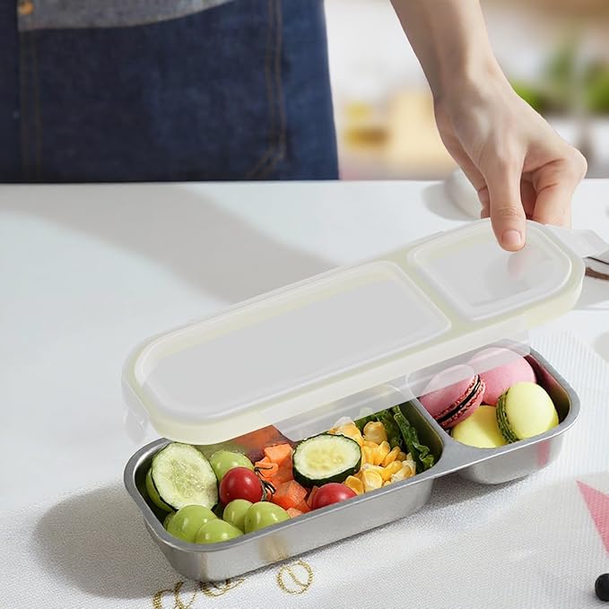 Stainless Steel Snack Containers for Kids Adults, 2 Pack 2 Compartment Metal Snack Containers Box with Lid, Reusable Food Storage Container, Leak Proof, Grab and Go