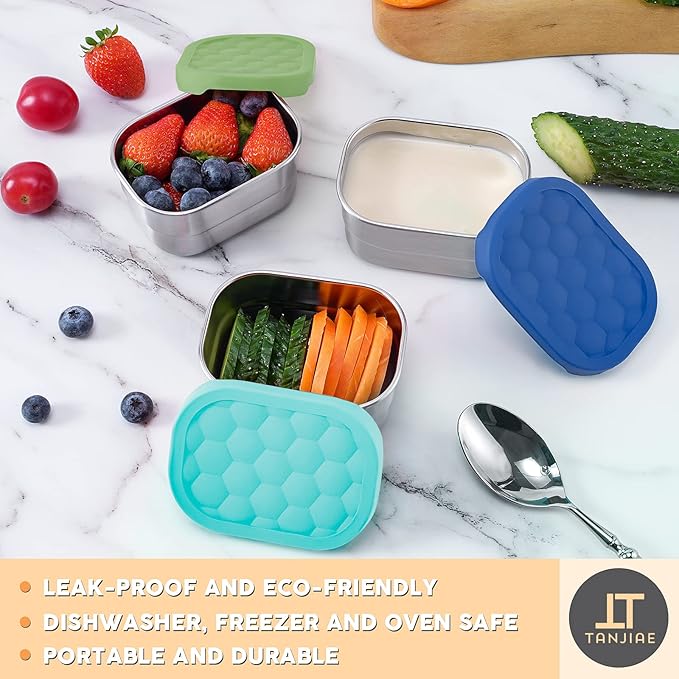 Small (1 CUP) Stainless Steel Snack Containers for Kids | Easy Open Leak Proof Food Containers with Silicone Lids - Perfect Metal Toddler Lunch Box for Daycare and School (8oz)