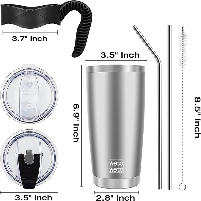 WETOWETO 20oz Tumbler with 2 lids and 2 straws, Stainless Steel Vacuum Insulated Water Coffee Tumbler with Handle, Double Wall Powder Coated Travel Mug Thermal Cup (Stainless, 1 Pack)