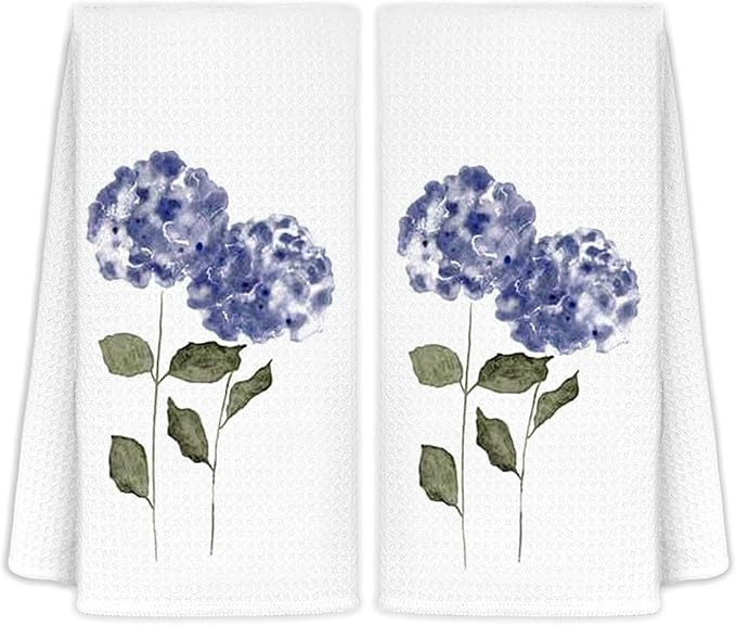 Purple Hydrangea Flowers Floral Kitchen Towels Set of 2 - Summer Flowers Decorative Hand Towels for Bathroom, Green Hydrangea Decor Dish Towels for Kitchen, Floral Hand Towels, 16x24