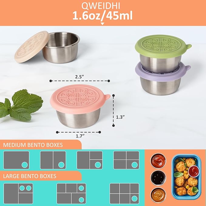 6x1.6 Oz Salad Dressing Containers With Lids, Stainless Steel Small Condiment Containers with Leakproof Silicone Lids, Reusable Sauce Containers for Lunch Boxes