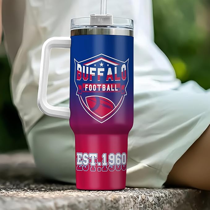 Personalized 40oz Football Stainless Steel Tumbler with Handle & Straw, Custom Insulated Travel Mug, Add Name & Number Cup, Tailgating Gift for Fans (Buffalo Colors)