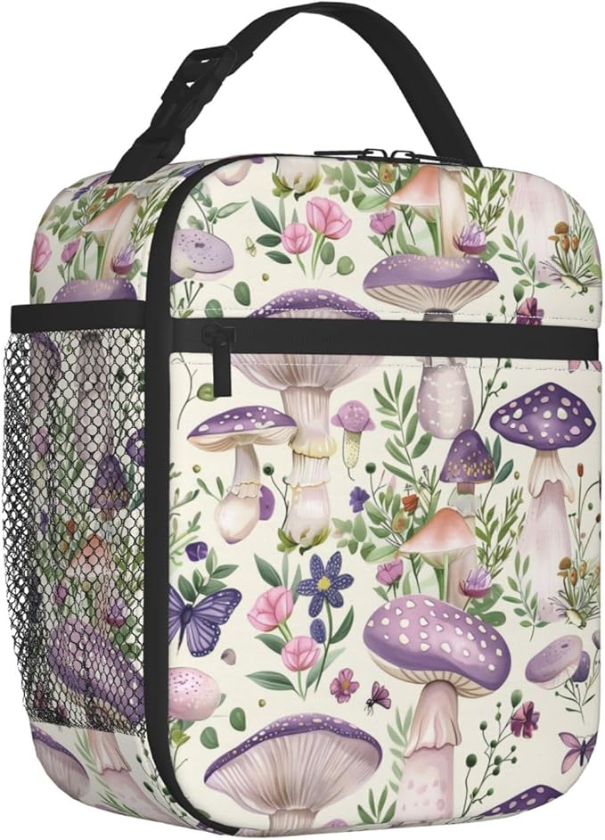 Reusable Purple Mushroom Lunch Box for Kids Girls Boys Women Adult, Insulated Butterfly Lunch Bag,Polyester Cooler Boho Handbags Case for School Picnic Work Travel Beach or Hiking