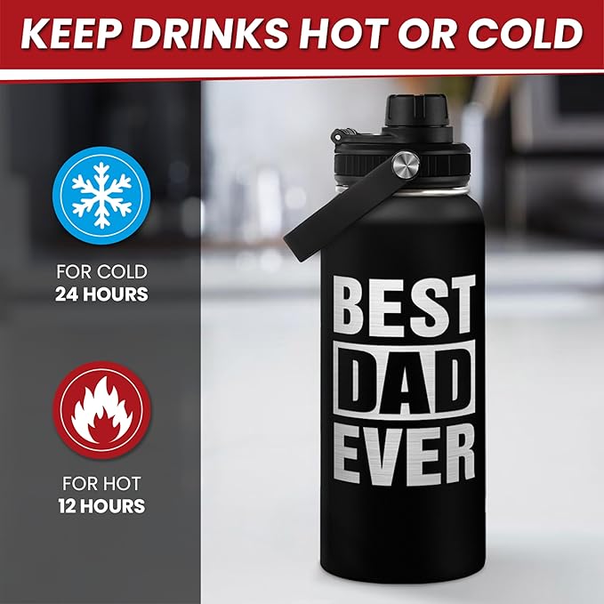 Best Dad Ever Water Bottle 32oz - Stainless Steel Insulated Sports Bottle with Straw Lid, Gifts for Father from Daughter Son