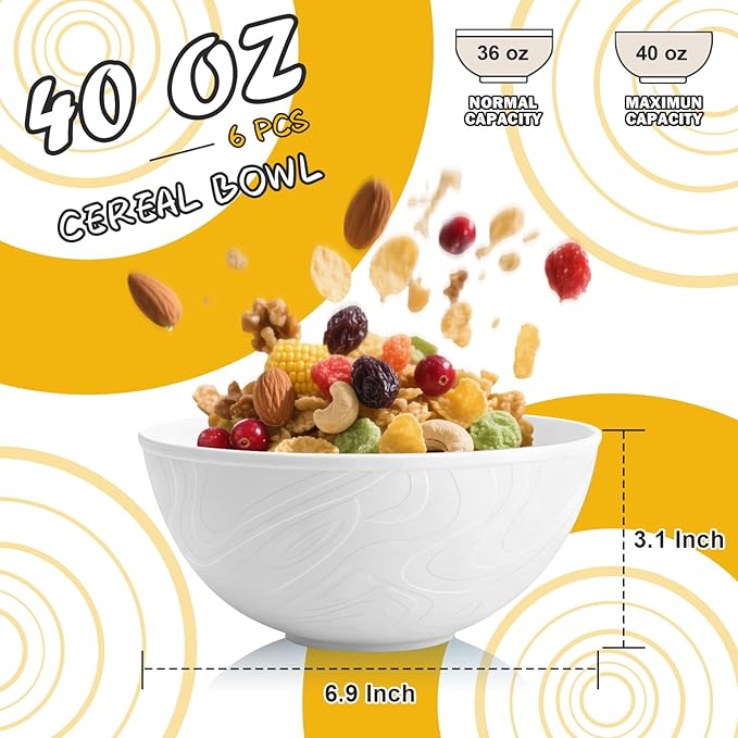 Wheat Straw Cereal Bowls 40 OZ, Unbreakable Bowls Set of 6, Microwave & Dishwasher Safe Bowl for Kitchen, Reusable Plastic Bowl for Cereal, Soup, Salad and Ramen, White