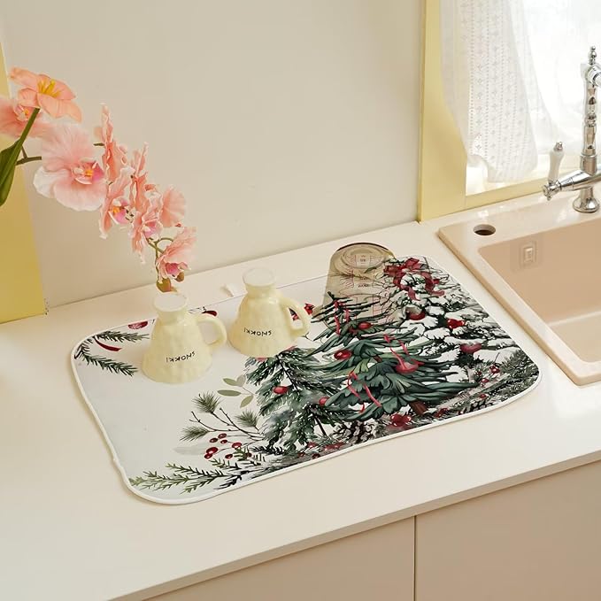 Christmas Dish Drying Mat 18 x 24 inch Winter Christmas Tree Pine Trees Decorative Drying Mats Microfiber Absorbent Xmas Decor Dish Washable Draining Mat for Kitchen Counter