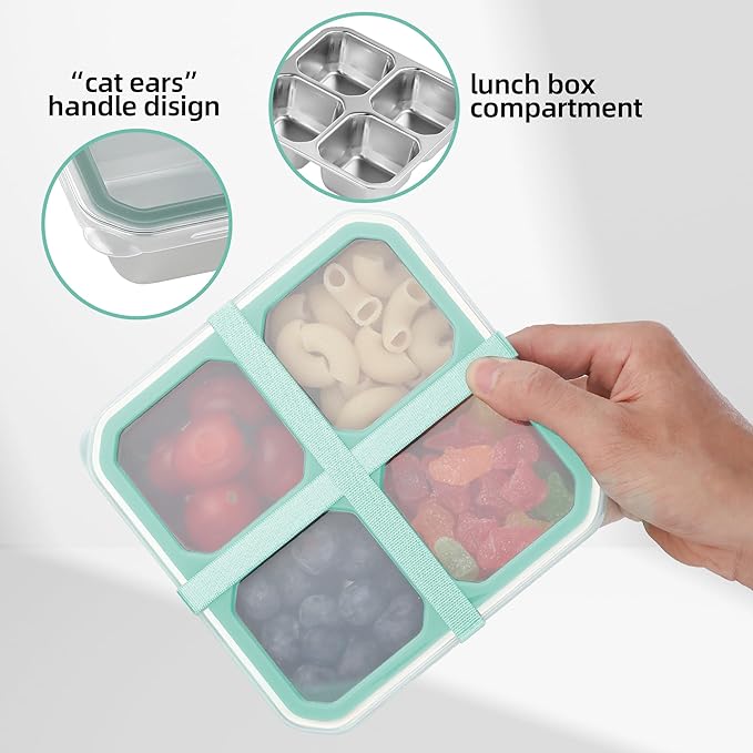 BEFOY 2 Pack Stainless Steel Snack Containers with Lids 4 Compartment Food Storage Containers for Adults Meal Prep Reusable for work or going out(blue, 2)