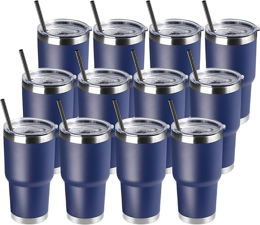 DOMICARE 30 oz Tumbler with Lid and Straw, Stainless Steel Tumblers Bulk, Insulated Vacuum Double Wall Travel Coffee Mug, Durable Powder Coated Tumbler Cups (Navy, 12)