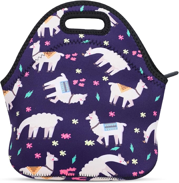 Violet Mist Lunch Bag, Alpaca Pattern, Neoprene Material, 11.42"L x 10.43"H x 5.51"W, 8.7 inches deep, fits containers up to 7"L x 6"W, Machine Washable