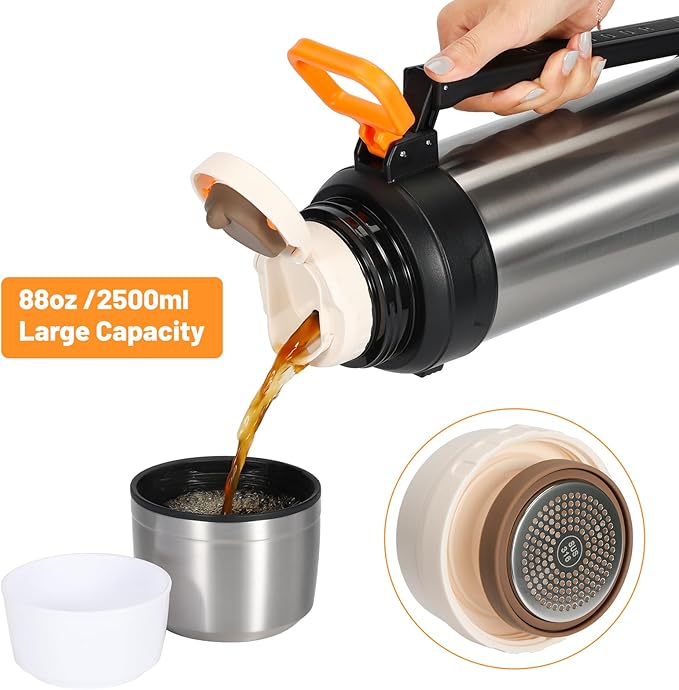 88oz Large Coffee Thermo for Travel, 2500ml Insulated Stainless Steel Water Bottle with Cup and Handle, Water Jug for 24hr Hot and Cold drinks, Vacuum Flask for Camping, Fishing & Working, Silver