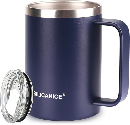 14 oz Stainless Steel Vacuum Insulated Tumbler with handle & MacSlider Lid, Dishwasher Safe & Spill Proof Coffee Cup, Travel Mug for Hot/Cold Drinks, Durable Design - Navy